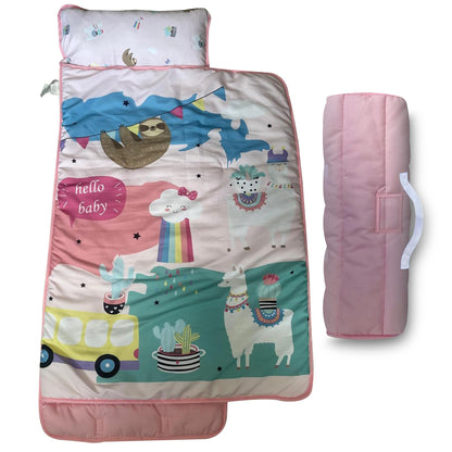 KIDSCOMFY Preschool Nap Mat & Pillow - Soft, Portable Toddler Sleeping Pad - 50"x20" (Pink Alpaca)