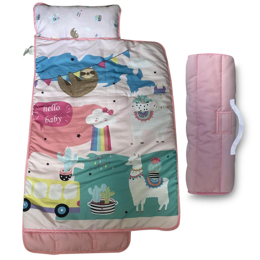 KIDSCOMFY Preschool Nap Mat & Pillow - Soft, Portable Toddler Sleeping Pad - 50"x20" (Pink Alpaca)